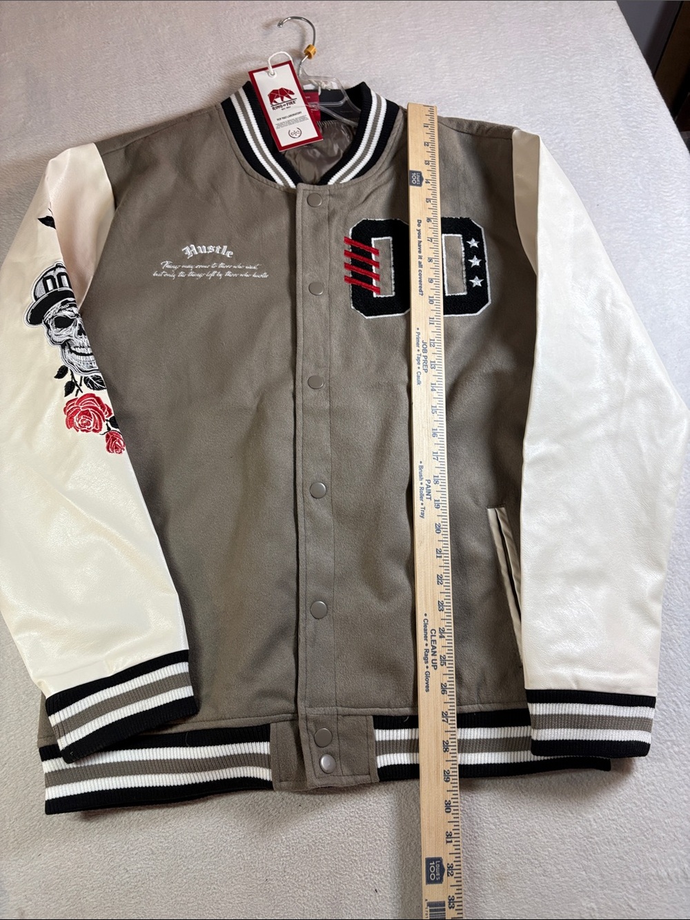 Ring of Fire Olive and White Embroidered Varsity Jacket
